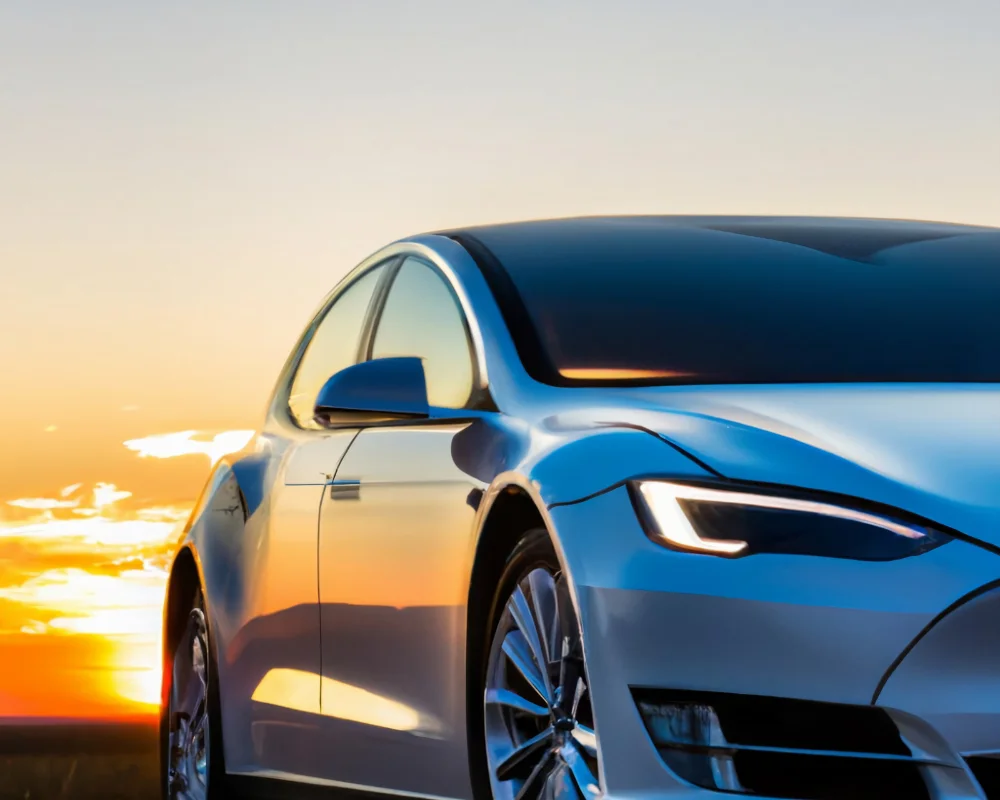 A blue car under a sunset